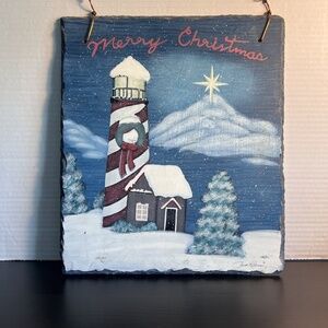 Faith Rollins Christmas Lighthouse Slate Hand Paint Wall Hanging Merry Christmas